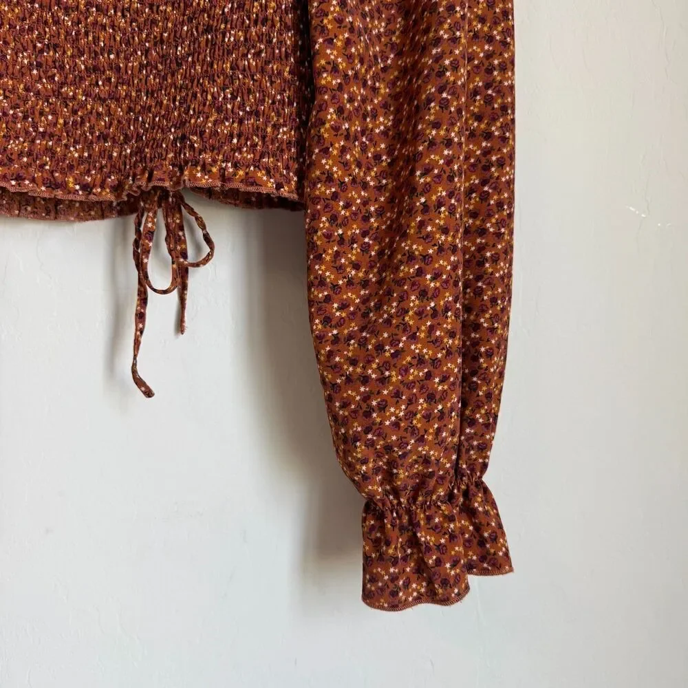 Moody Fall Sz Med Boho Floral Smocked Peasant Balloon Sleeve Crop Top Festival